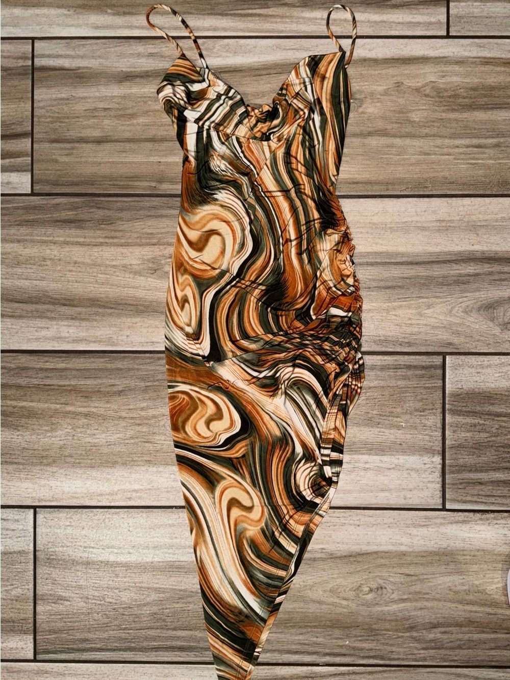 Windsor Marble-Print Asymmetrical Slip Dress in Brown and Cream